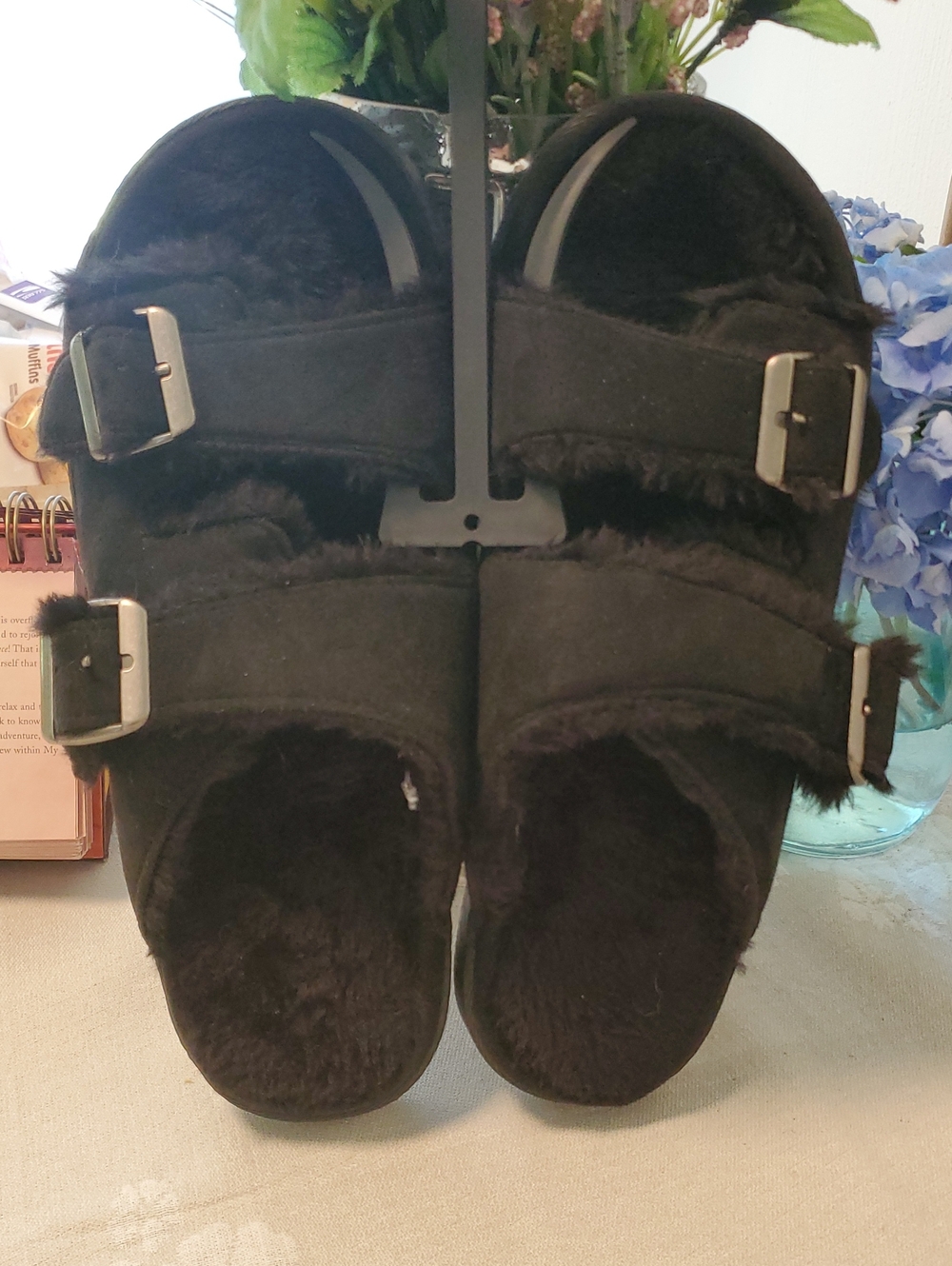 Kohl's Black Faux Fur Double-Buckle Slides